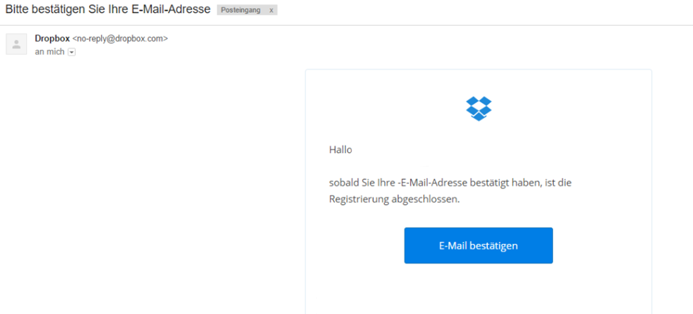 Dropbox Account erstellen - E-Mail für die Bestätigung der Registrierung